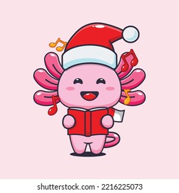 Cute axolotl canta una canción de navidad. Dibujo de caricaturas de navidad. 