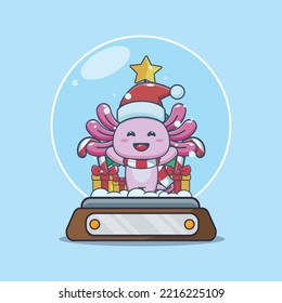 Cute axolotl in snow globe. Cute christmas cartoon illustration.