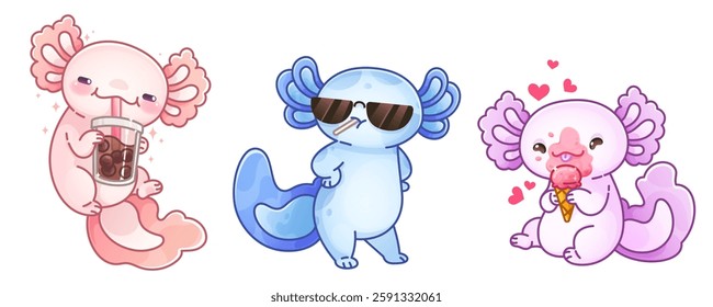 Cute axolotl summer set - pink salamander drinking bubble tea, blue cool character with sunglasses, purple creature enjoying ice cream cone with floating hearts. Kawaii amphibians for funny stickers.