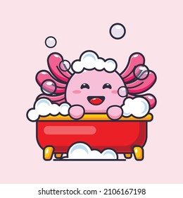 axolotl lindo tomando baño de burbujas en la bañera cartografía ilustración vectorial