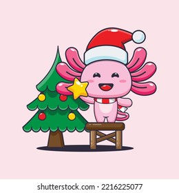 Cute axolotl taking star from christmas tree. Cute christmas cartoon illustration. 