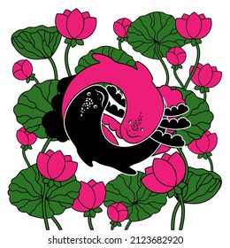 Cute axolotl, vector illustration in cartoon style. Pink lotuses with leaves. Yin and Yang. Pink and chocolate axolotl. Logo in a fashionable linear style.