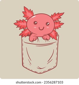 cute axolotl vector illustration design coming out of shirt pocket