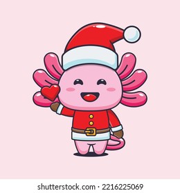 Un axolotl lindo vestido con traje de santa. Dibujo de caricaturas de navidad. 