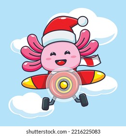 Cute axolotl wearing santa hat fly with plane. Cute christmas cartoon illustration. 