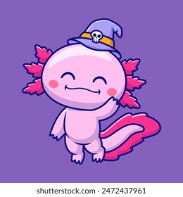 Cute Axolotl Witch Wearing Hat Cartoon Vector Icon Illustration. Animal Holiday Icon Concept Isolated Premium Vector. Flat Cartoon Style