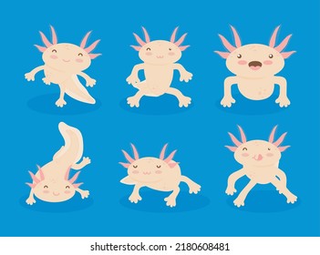 cute axolotls icons set on blue background