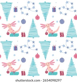Cute axolotls in a magical Christmas scene with pastel ocean trees and stars