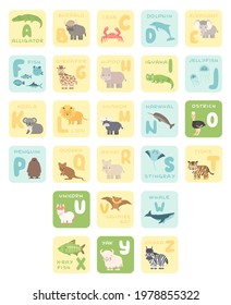 Cute A-Z alphabet cards with cartoon animals. Vector zoo illustrations. Alligator, buffalo, crab, dolphin, fish, giraffe, hippo, koala, lion, Muskox, ostrich, penguin, rhino, stingray, tiger, whale