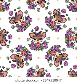 Cute babe beautiful deer with flower frame seamless pattern. Print for baby clothes, diapers, wrapping paper, covers - vector