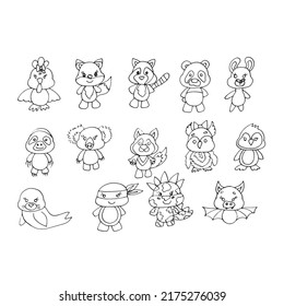 Cute babies, cute animals. Doodle. A hand-drawn drawing. Premium vector. Coloring book.