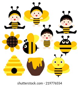 Cute babies in bee costumes. Black and yellow. Vector clip art.