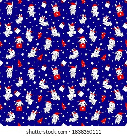 cute babies bunnies in red Santa's hat.  Christmas seamless pattern. Texture for fabric, wrapping, wallpaper. Decorative print.