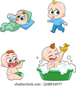 Cute Babies Cartoon Character. Vector Hand Drawn Collection Set Isolated On Transparent Background