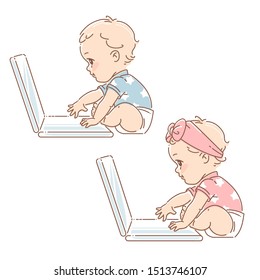 Cute babies in diapers with laptop. Genius little boy, girl with computer. Toddler learning. Concept of  development of kid's abilities and investment in the future of baby. Color vector illustration.