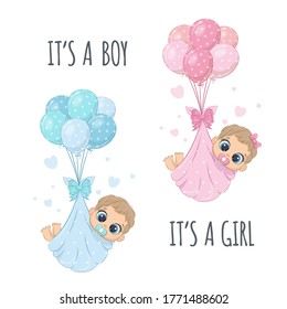 Cute babies in diapers on the balloons with phrase "It's a boy" and "It's a girl"