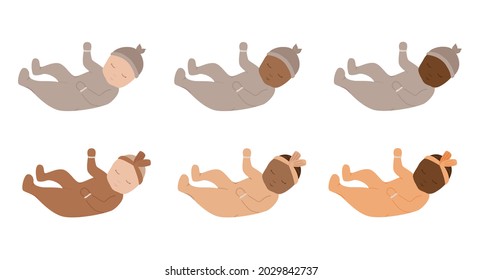 Cute Babies of different races. New baby in romper lying on back. Baby boy or girl of 1-6 months. Multinational children.