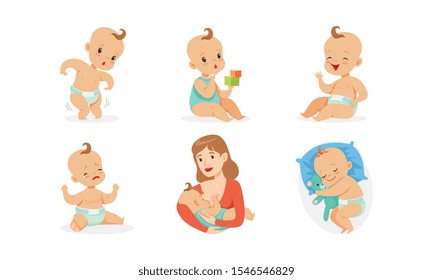 Cute babies in different situations. Vector illustration on a white background.