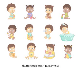 Cute babies draw with pencils, play with cubes, with a ball, read a book. Vector illustration on a white background.