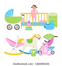 Cute babies equipment for life vector collection. Illustration of baby newborn, toddler kid in bed