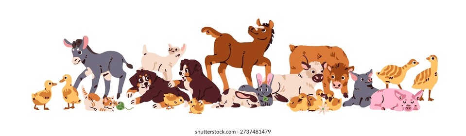 Cute babies of farm animals stand together. Group of funny livestock and pets: chicken, calves, puppies, lamb, kitten and piglets play and have fun. Flat isolated vector illustration on white