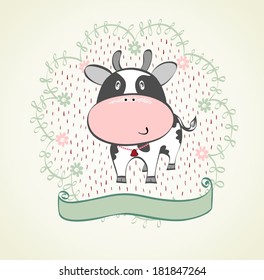 Cute babies hand draw card  with cow