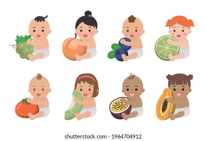 Cute babies with healthy vegetables and fruits, comic cartoon vector characters set
