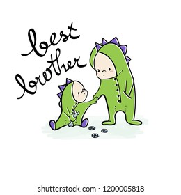 Cute babies. Kids brothers in animal costumes. Hand drawn vector illustration for nursery decoration, greeting cards and other purposes.