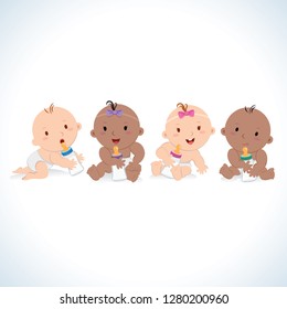 Cute babies and milk bottles. Vector illustration of multicultural babies with milk bottles.