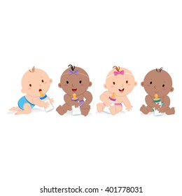 Cute babies and milk bottles. Vector illustration of multicultural babies with milk bottles.
