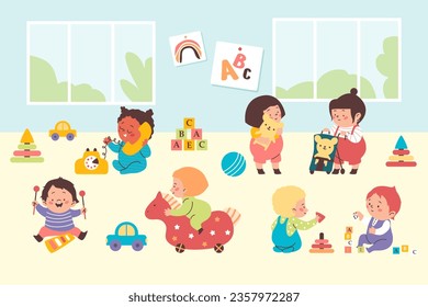 Cute babies play toys in daycare centre or kindergarten. Playing children characters in nursery room or playing area of daycare, flat vector illustration.