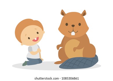 Cute babies playing with animals on white background.