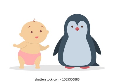 Cute babies playing with animals on white background.