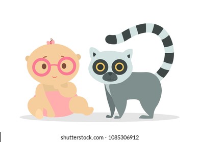 Cute babies playing with animals on white background.