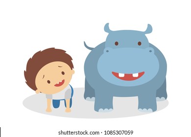 Cute babies playing with animals on white background.