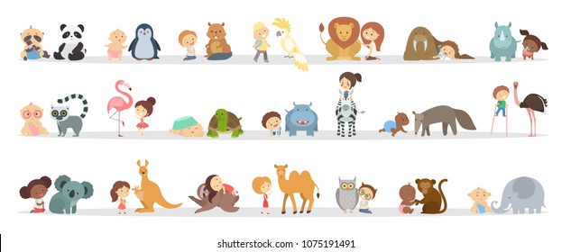 Cute babies playing with animals set on white.