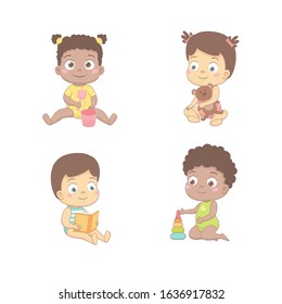 Cute babies are playing with a bucket and a shovel, a bear, reads a book, builds a pyramid. Vector illustration on a white background.