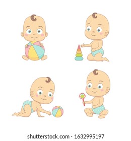 Cute babies are playing. Little baby play, sit, crawl. Vector illustration on a white background.