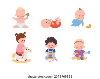 Cute babies playing toys, rattle beanbag. Cheerful toddlers collects pyramid, rides on rocking horse, chews teether. Children development and education. Vector cartoon isolated illustrations set