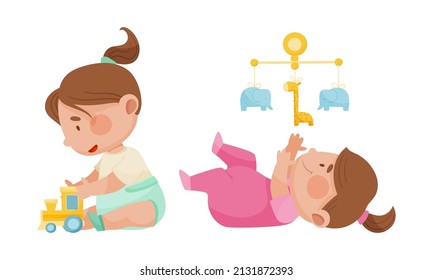 Cute babies playing toys set. Lovely toddler girls playing toy train and baby bed carousel cartoon vector illustration