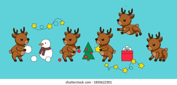 cute babies Santa's reindeer.  Merry Christmas greeting card, vector banner