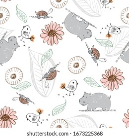 Cute babies seamless pattern with animals. Hand drawn background.