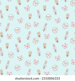 Cute babies seamless pattern with animals. Hand drawn background. cartoon animals sheep, hare, pig and bear