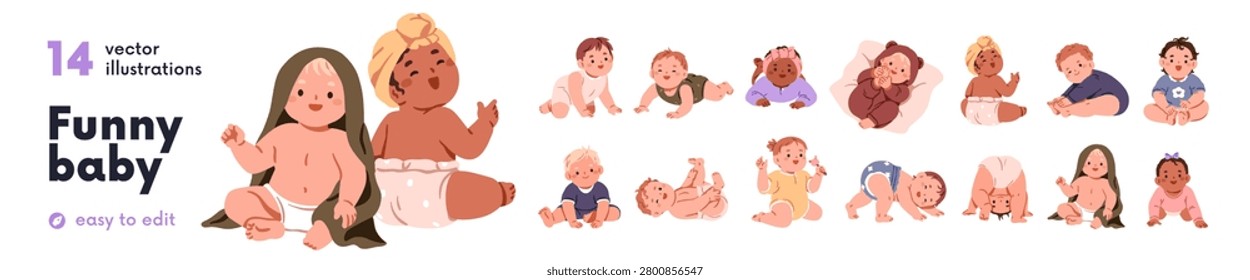 Cute babies set. Infants crawling, sitting, lying, playing in funny poses. Happy smiling laughing newborn boys and girls in onesie and diaper. Flat vector illustrations isolated on white background