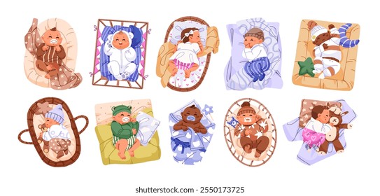 Cute babies sleep top view set. Adorable newborns in pajamas have a rest in bed. Happy asleep kids, infants lying on pillow under blanket. Flat isolated vector illustrations on white background