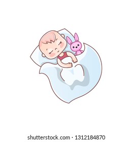 Cute babies sleeping under a blanket with a toy bunny. Sleeping baby in cartoon style, vector illustration isolated on white background.