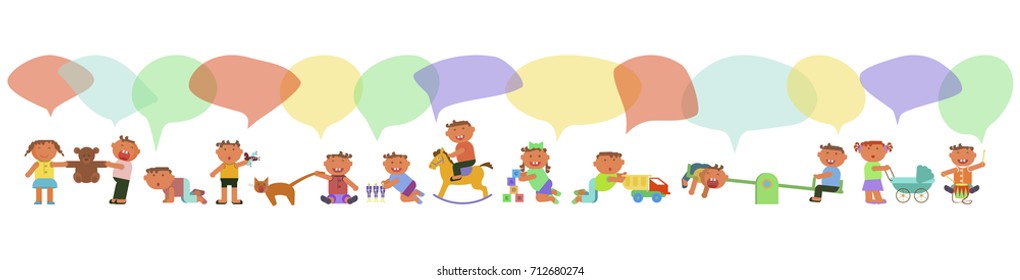 Cute babies with speech bubbles on white background, set of children with toys in different poses. Banner with kids Vector Illustration eps 10