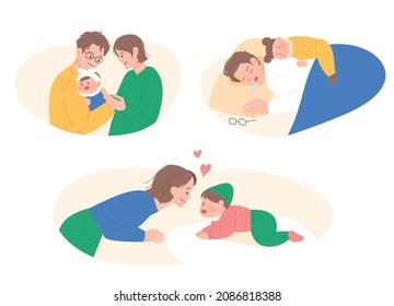 Cute babies and their parents. A parent hugging a baby, a father sleeping with the baby, and a mother looking at the baby.