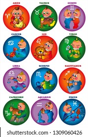 Cute babies zodiac sign, astrology,  horoscope. Colored vector for card or gift. 