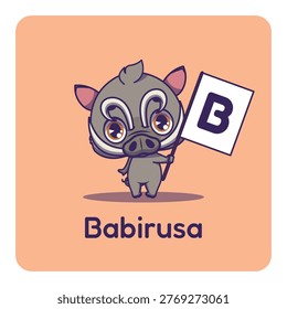 Cute babirusa holding flag with letter B for fun educational purposes, illustrations